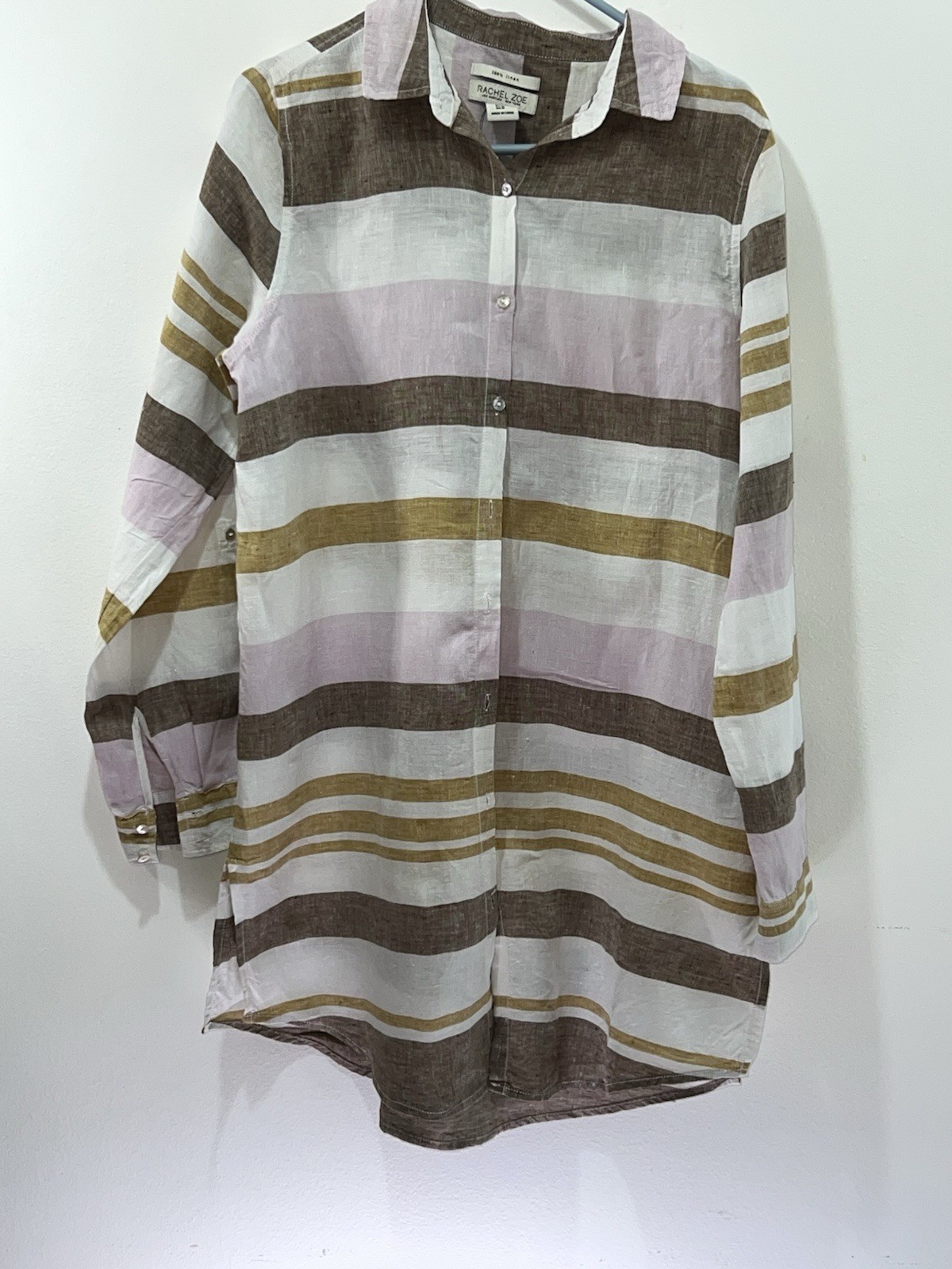 Rachel Zoe 100% Linen Striped Collared Long Sleeve Button-Up Blouse M