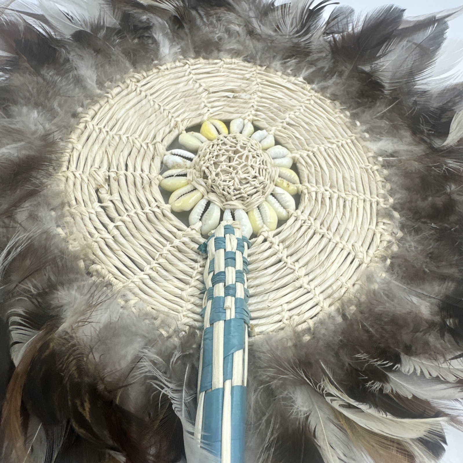 Vintage Marshall Islands Fixed Hand Fan Shells Brown Feathers Palm Fronds