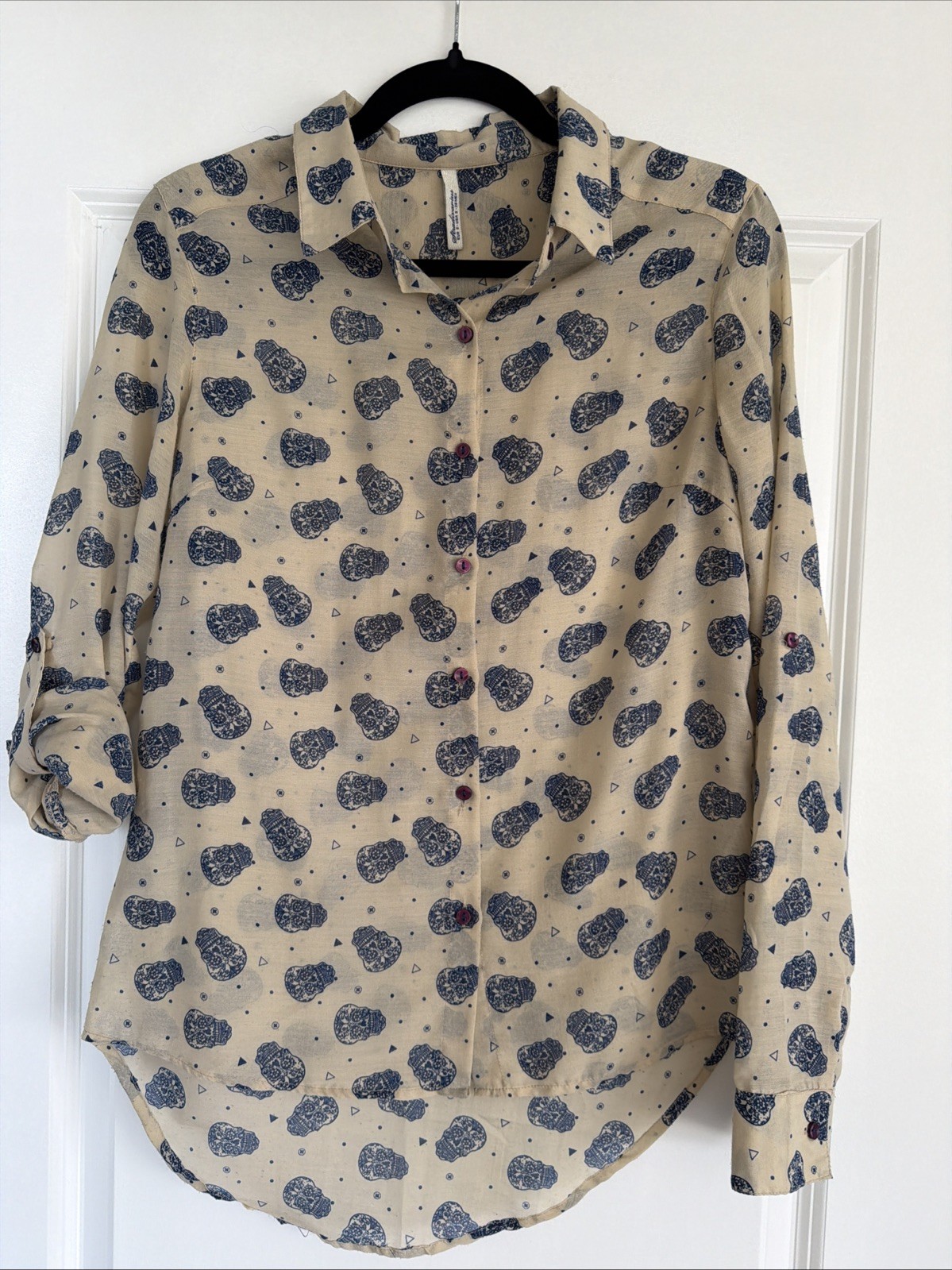 Stradivarius Sugar Skull Print Sheer Button -Down Shirt S