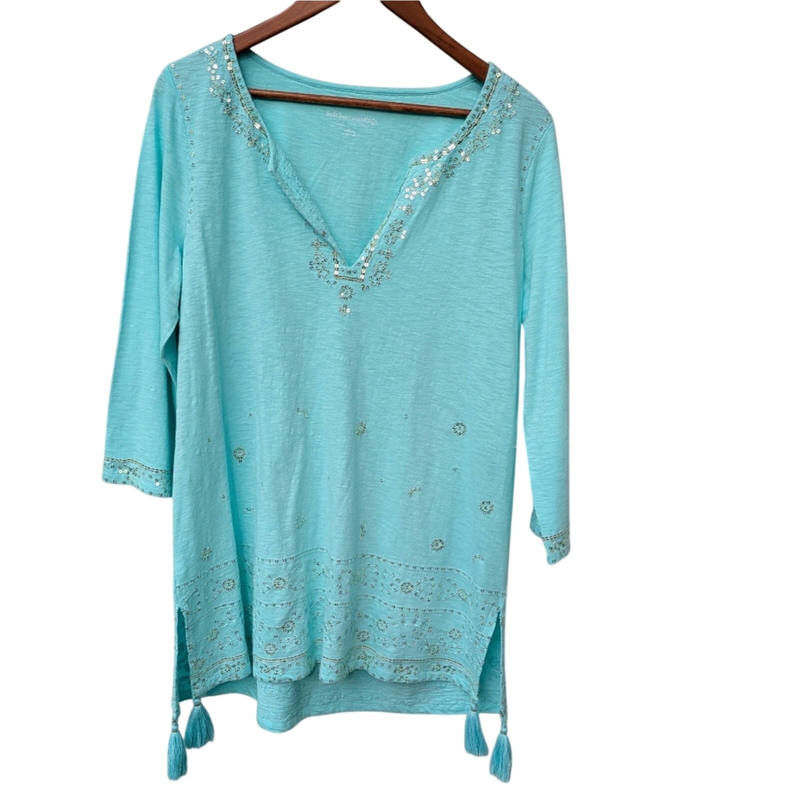 NWOT Soft Surroundings Tunic Top Medium Aqua Blue Beaded Tassel Coastal