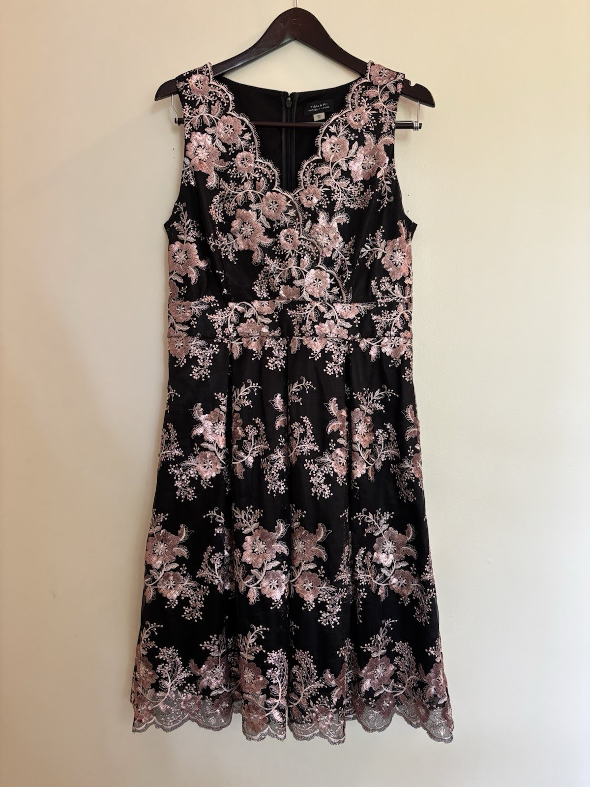 Tahari Arthur S. Levine V-Neck Mesh Sequin Embroidered A-Line Dress 10