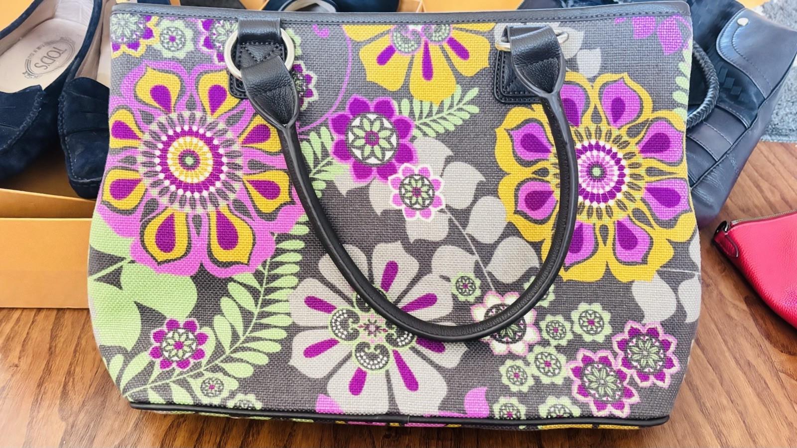 Spartina 449 Floral Multicolor Tote Zip Top Black Leather Double Handles Pockets
