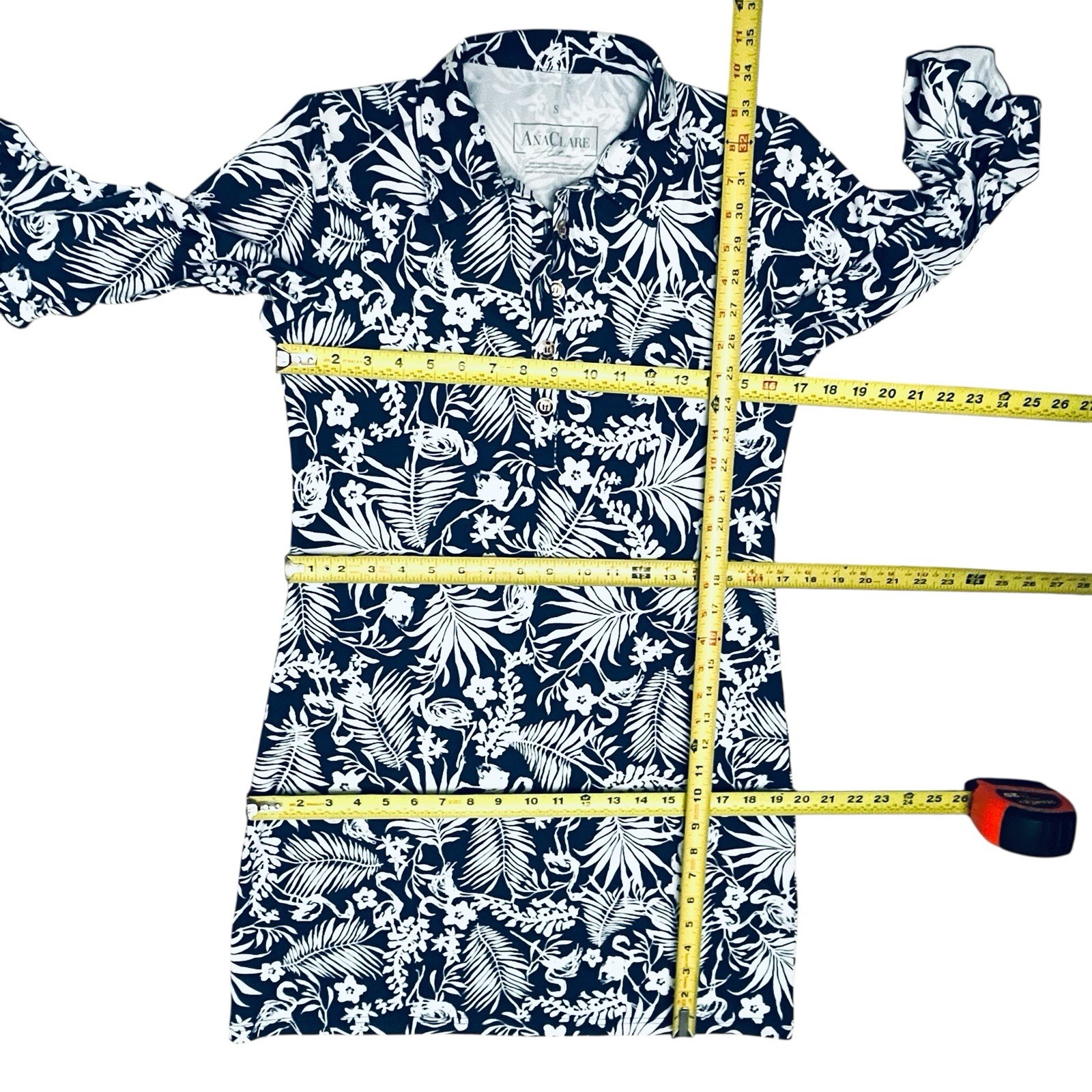Ana Clare Dress UPF 50+ Tropical Floral Print Gold/Button 3/4 Bell Sleeve Sz S