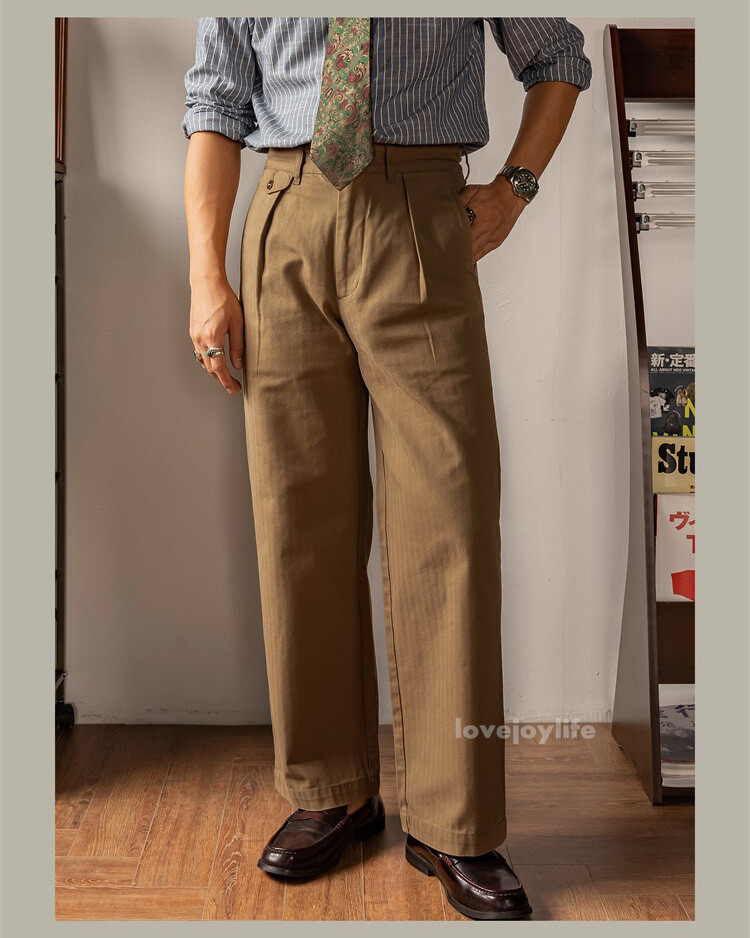 Red Tornado Retro Men’s HBT Straight Pants Cotton Pleated Casual Formal Trousers