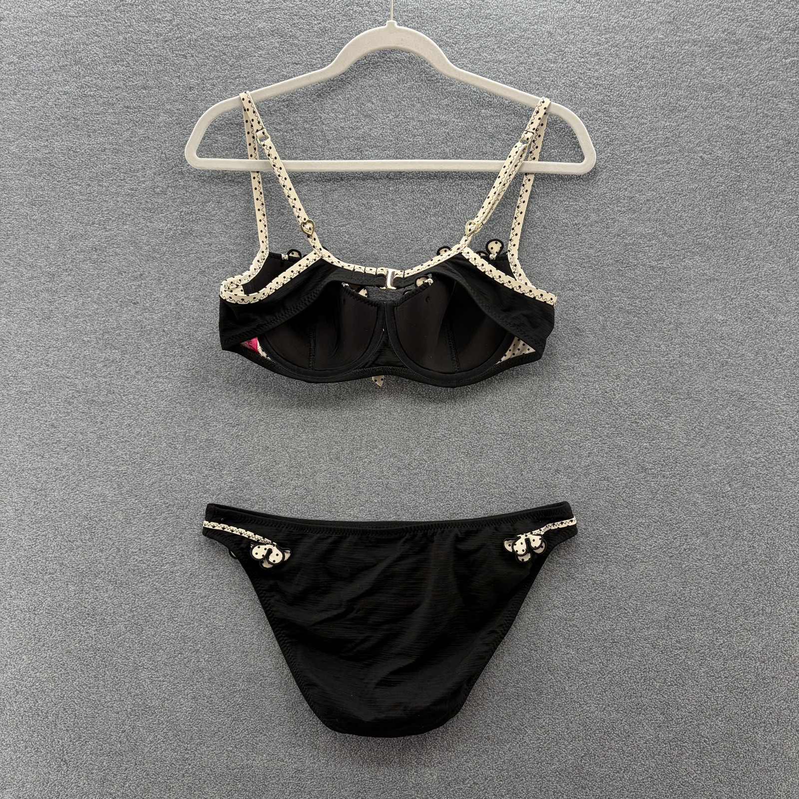VTG 90s Y2K Betsey Johnson Bikini Women Large Black Polka Dot Pinwheel Retro