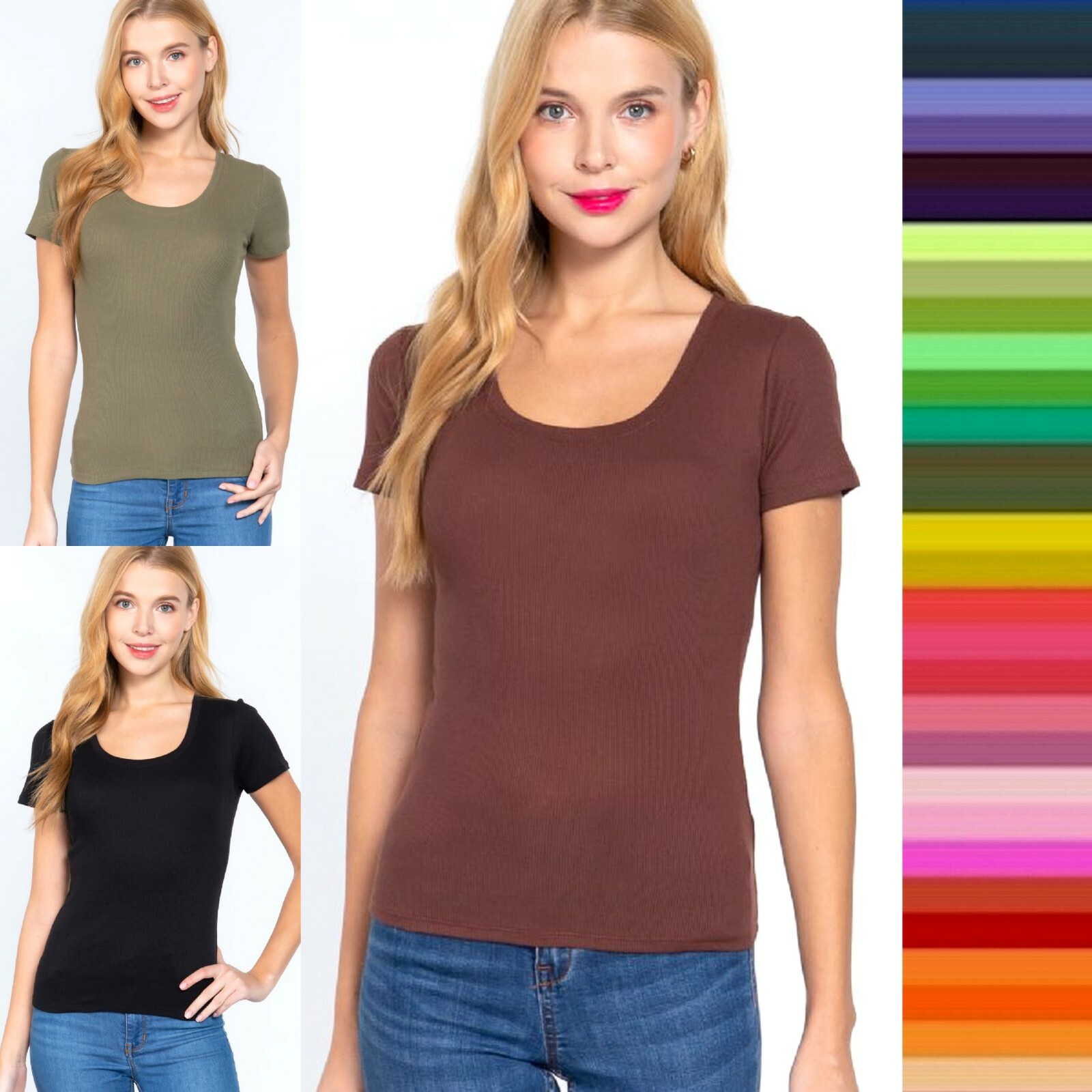 Petite Women’s Round Neck Short Sleeve Ribbed Top Basic Fitted Soft T-Shirt