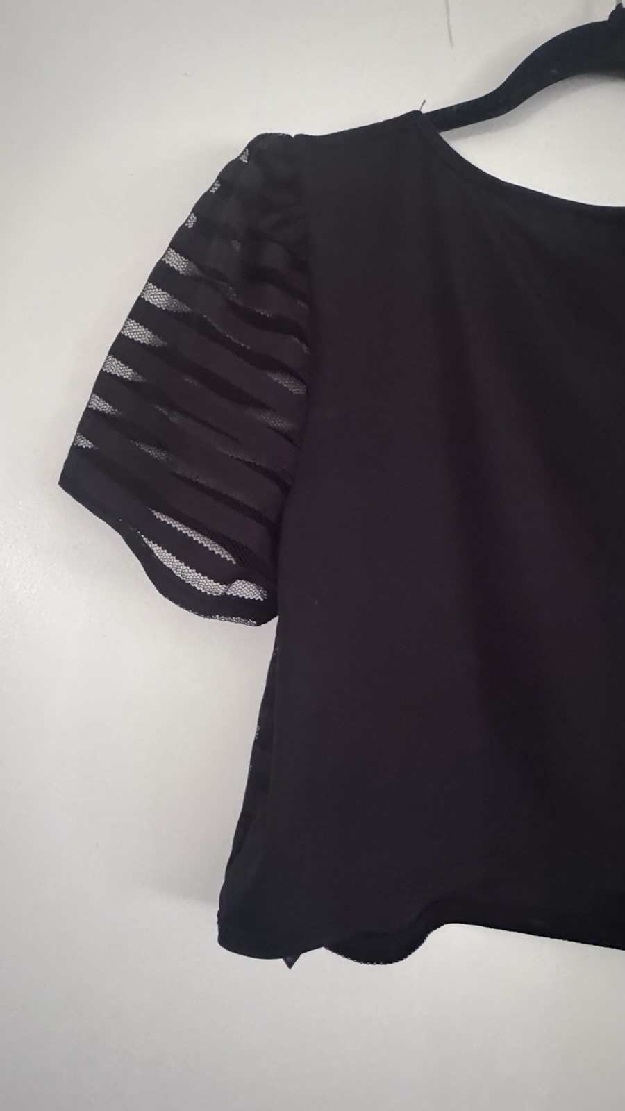 bebe Black Cropped Sheer Stripe Knit Round Neck Short Sleeve Top NWT L