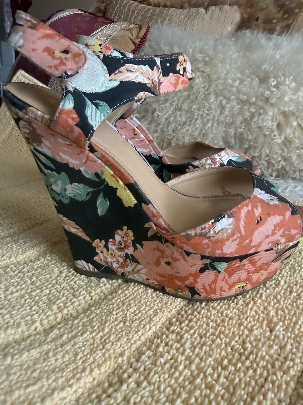 Shoe Dazzle Floral Open-ToeAnkle Strap Heels in Coral and Black