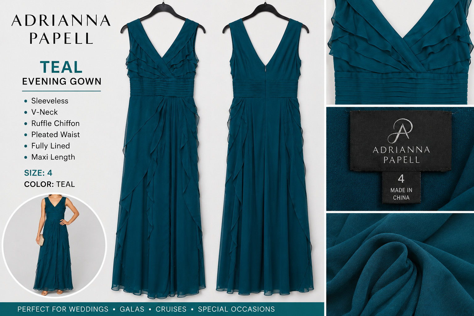 Adrianna Papell Teal Chiffon Evening Gown Formal Dress Sleeveless V-Neck Women’s