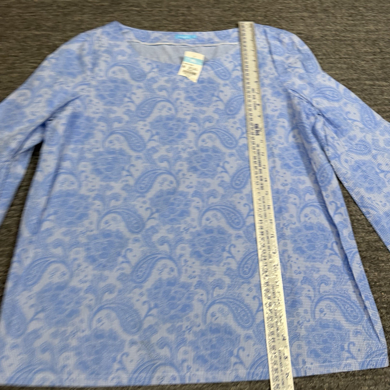 J Mclaughlin Coretta Blouse Women Medium Boat Neck Bell Sleeve Paisley Blue NEW