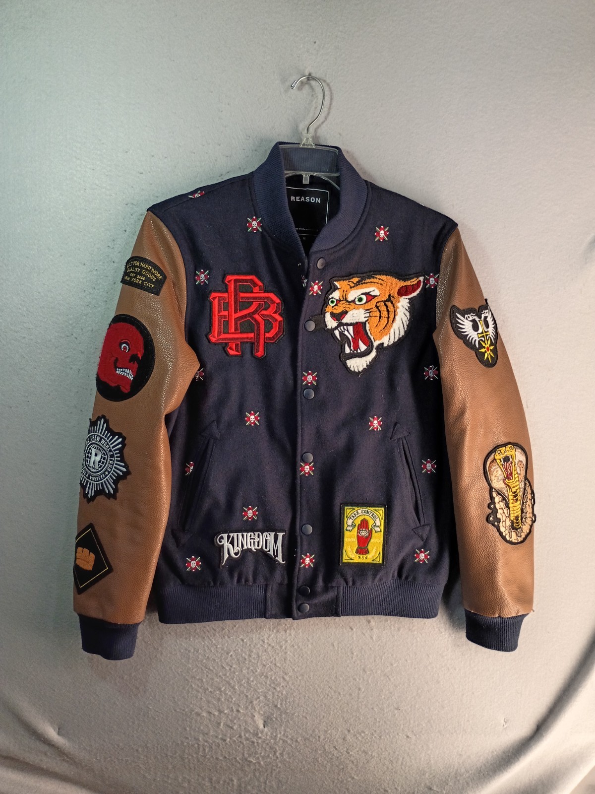 Reason Clothing Kingdom Varsity Jacket Adult Medium Navy Brown Faux Leather