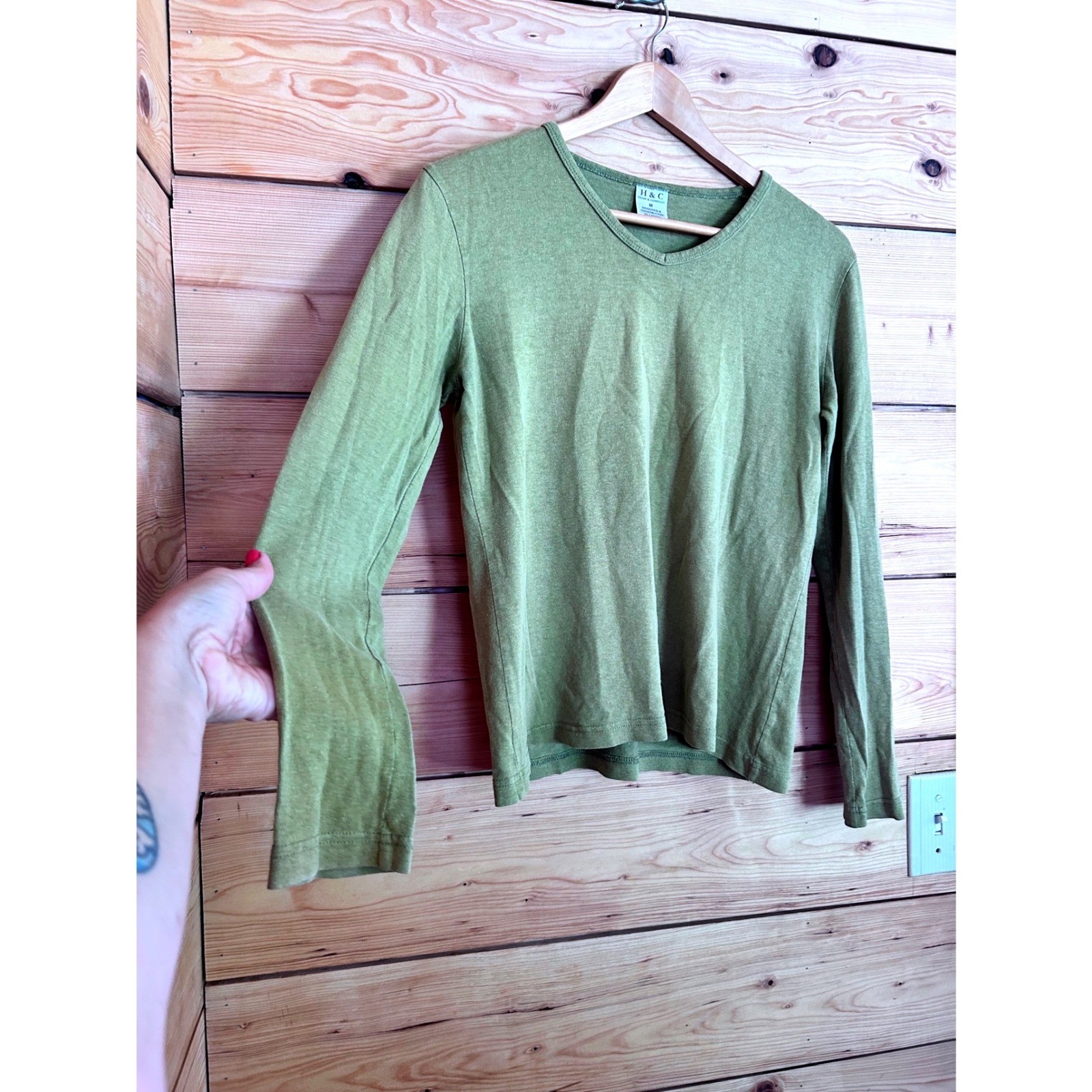 Vintage Hemp Long Sleeve VNeck Top Womens Medium Green Hemp & Company