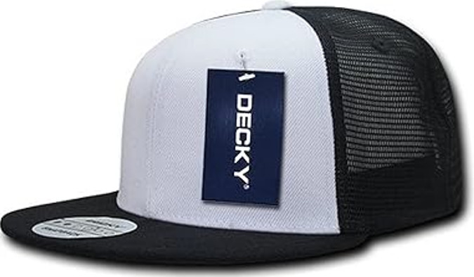 Decky Youth Original 6 Panel Flat Bill Trucker Cap Black White Mesh Snapback Hat