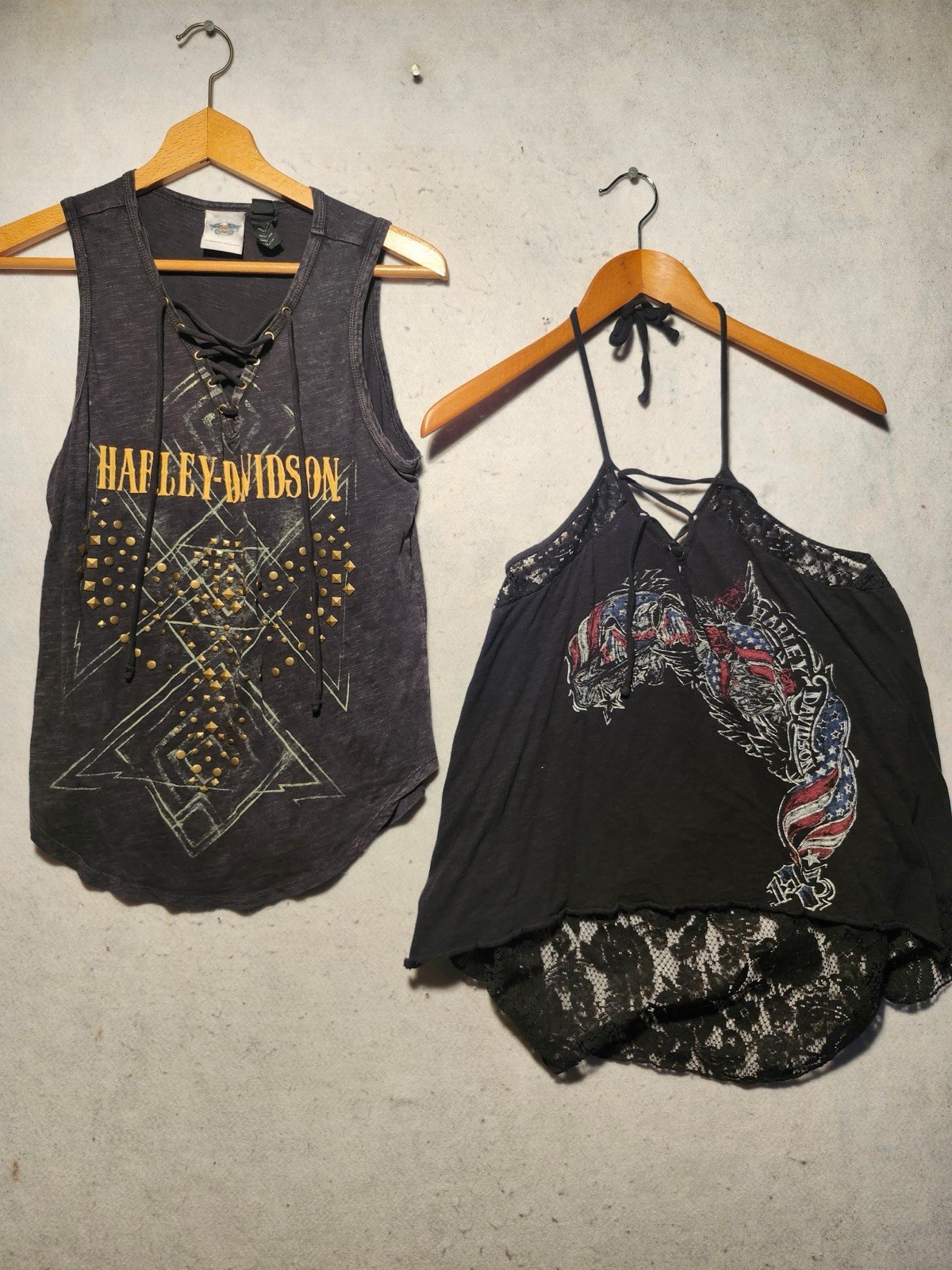 2 Harley Davidson Tank Top Shirts Size S/M Lace Black Motorcycle Moto Rock Logo