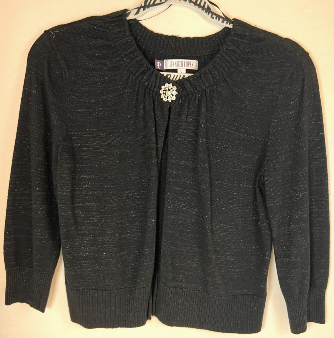 Jennifer Lopez Women’s Sweater Cardigan Shrug Black w/ Rhinestone Broach M