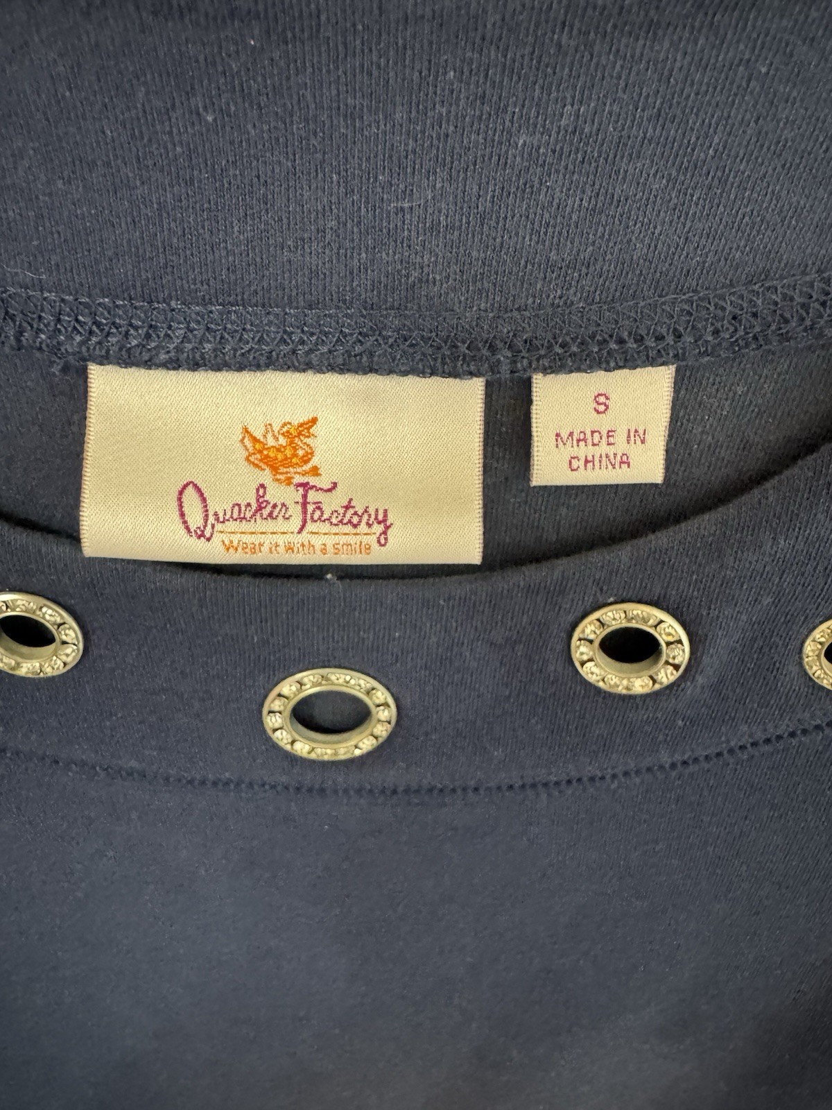 Quacker Factory Blue Cotton Knit Stretch Grommet Scoop Neck 3/4 Sleeve S
