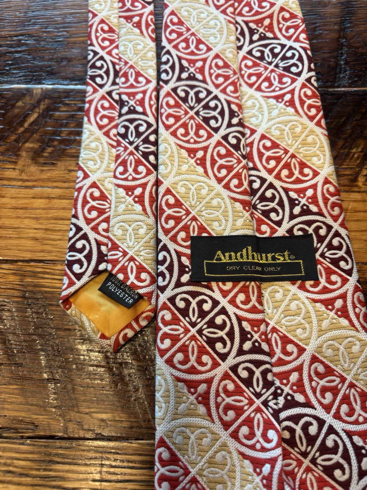 Andhurst Men’s Red Beige Brown Geometric Jacquard Polyester Logo Pointed Tie