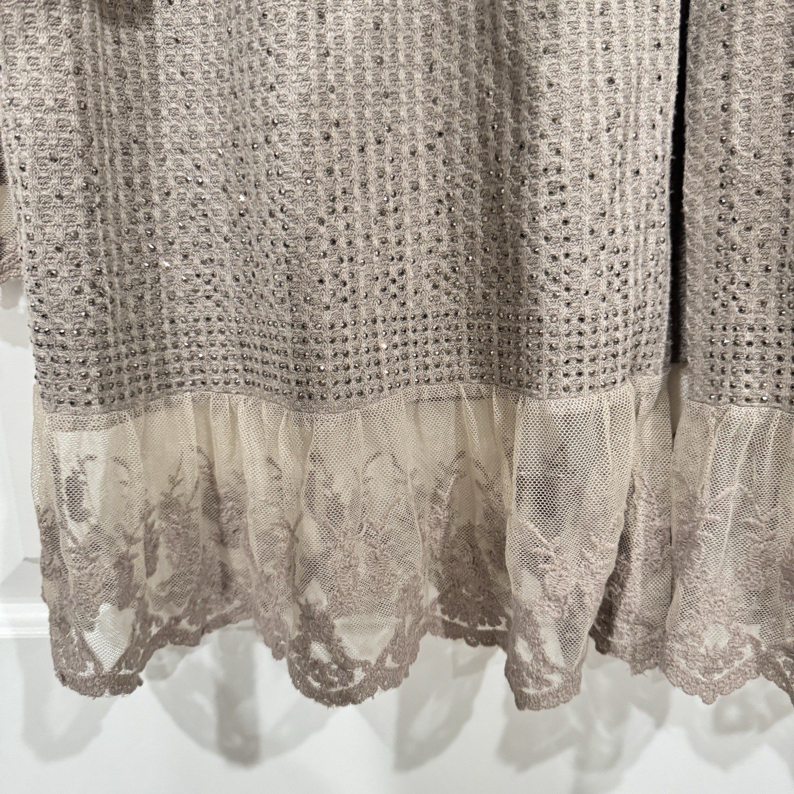 Vocal Beige All Over Lace Sequins Boho Duster Cardigan Jacket Women’s Small Y2K