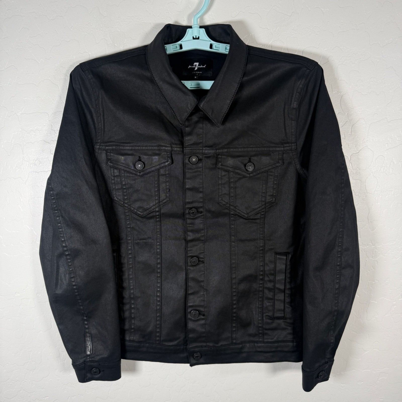 7 For All Mankind Coated Jacket Mens M Black Denim Trucker Button Up Flap Pocket