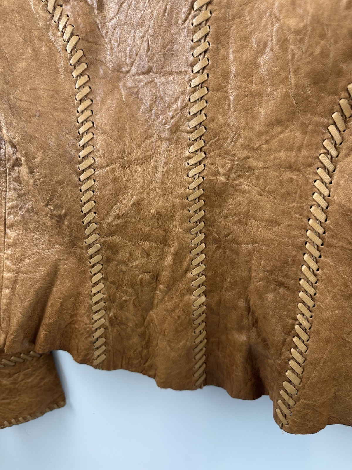My Tribe Jacket Orange Thick Leather Whipstitch Lined Metal Button Small USA S