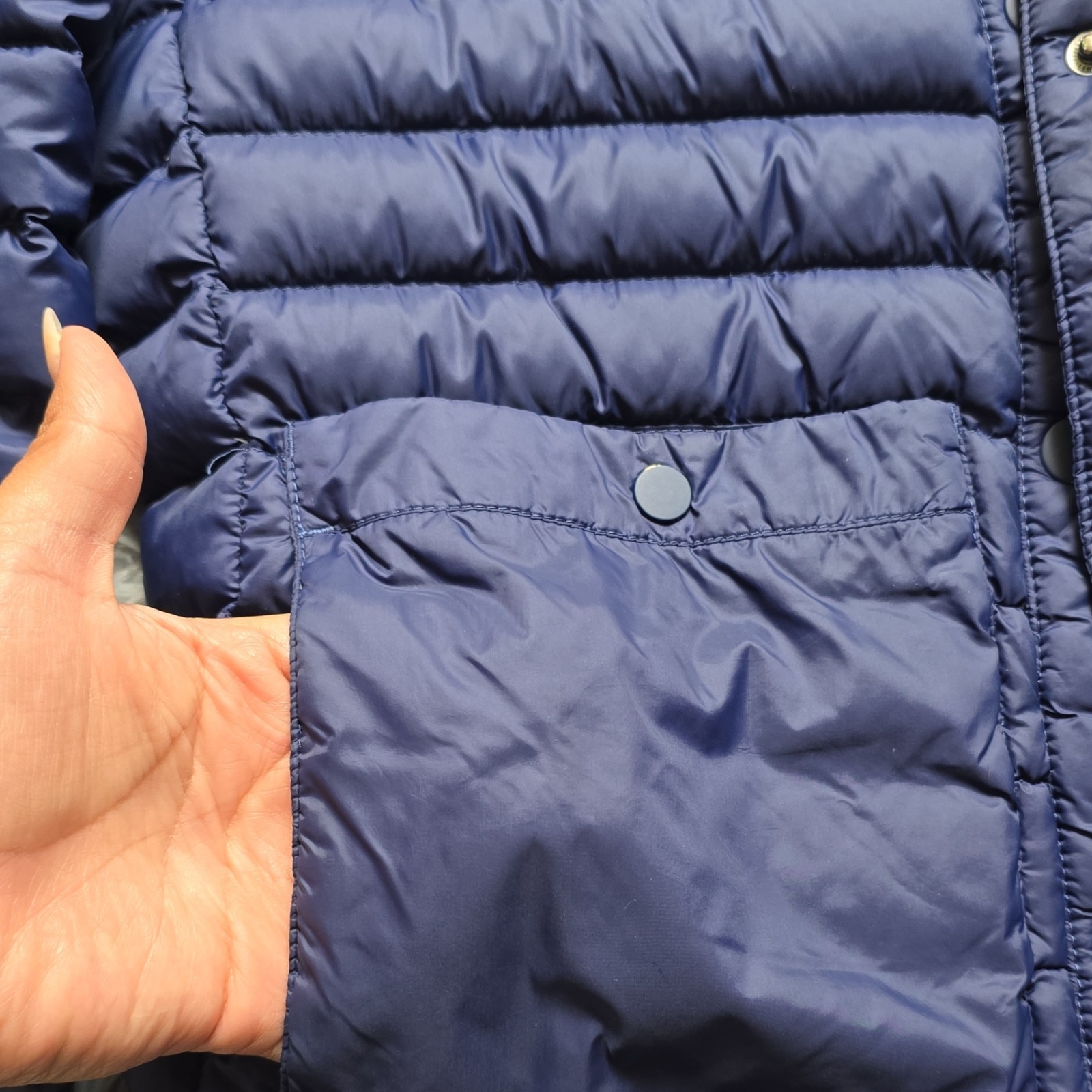 Lands’ End Quilted Puffer Jacket Women’s Navy Blue Snap Full Zip Outdoor – Small