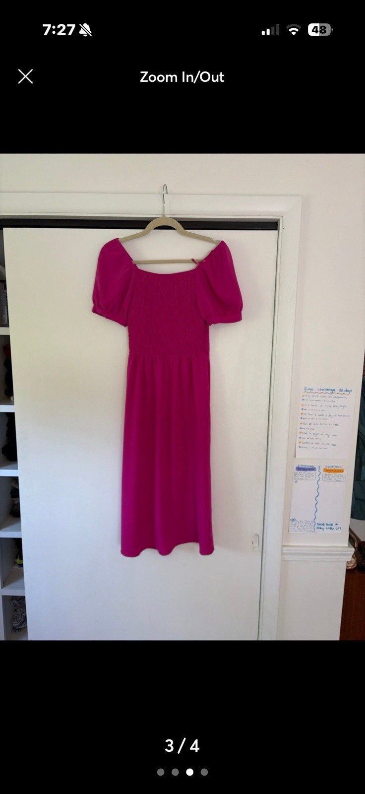 Monteau Los Angeles Pink Smocked Stretch Square Neck Puff Sleeve Midi Dress S