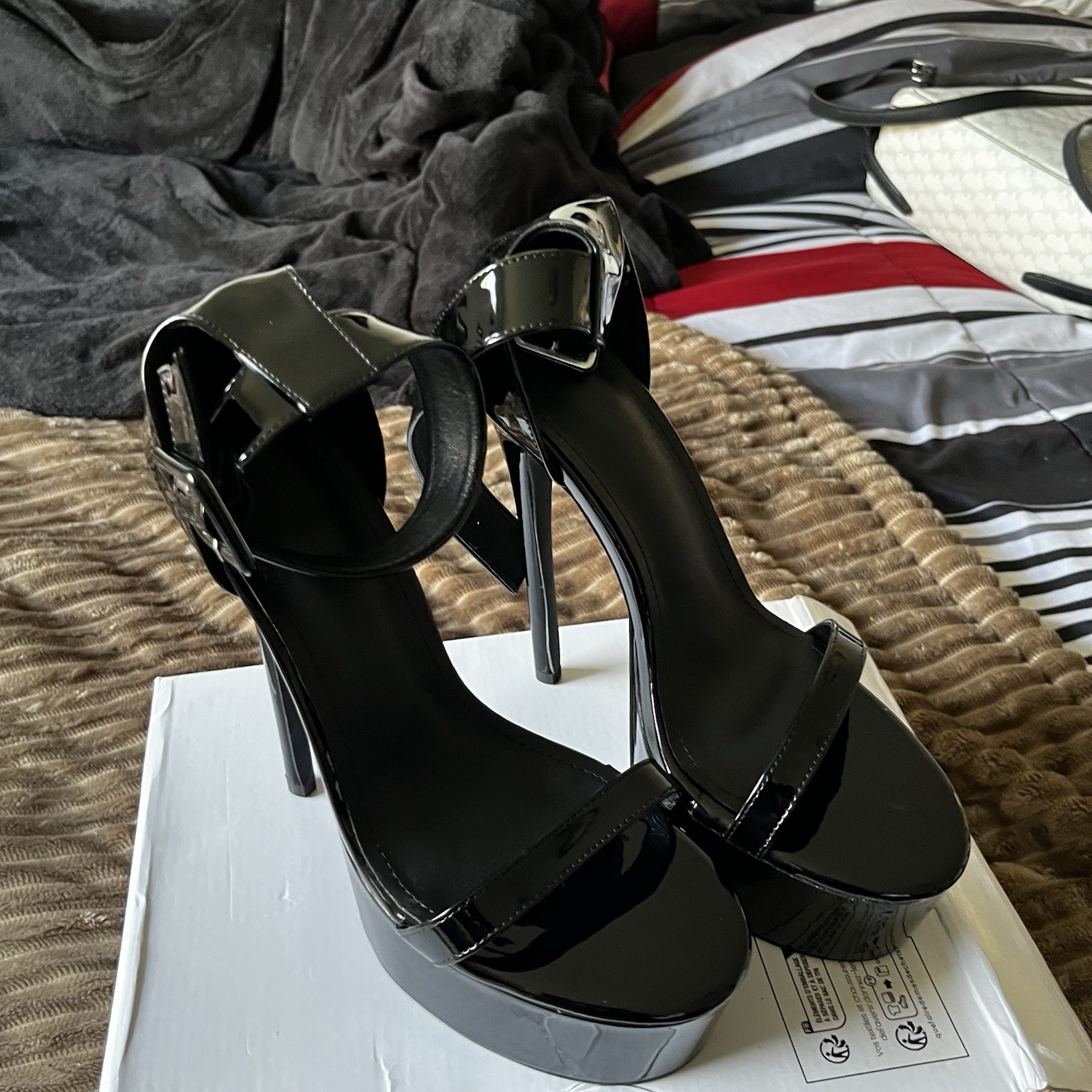 Women’s Black Patent Leather Open Toe Platform Stiletto Ankle Strap Buckle 10
