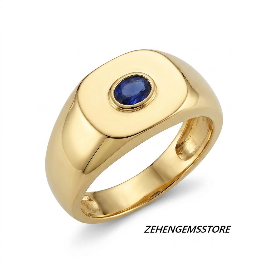 Lab created Men’s Blue Sapphire Signet Ring Sterling Silver 18K Gold Plated Ring