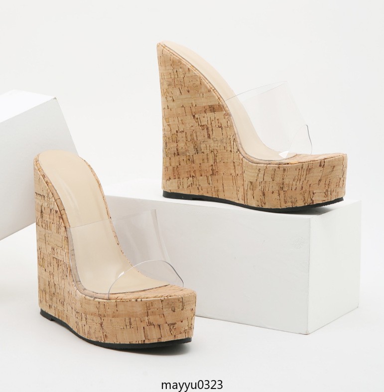Women’s Wedge Heel Clear PVC Transparent Mules Slip On Sandals Platform Shoes