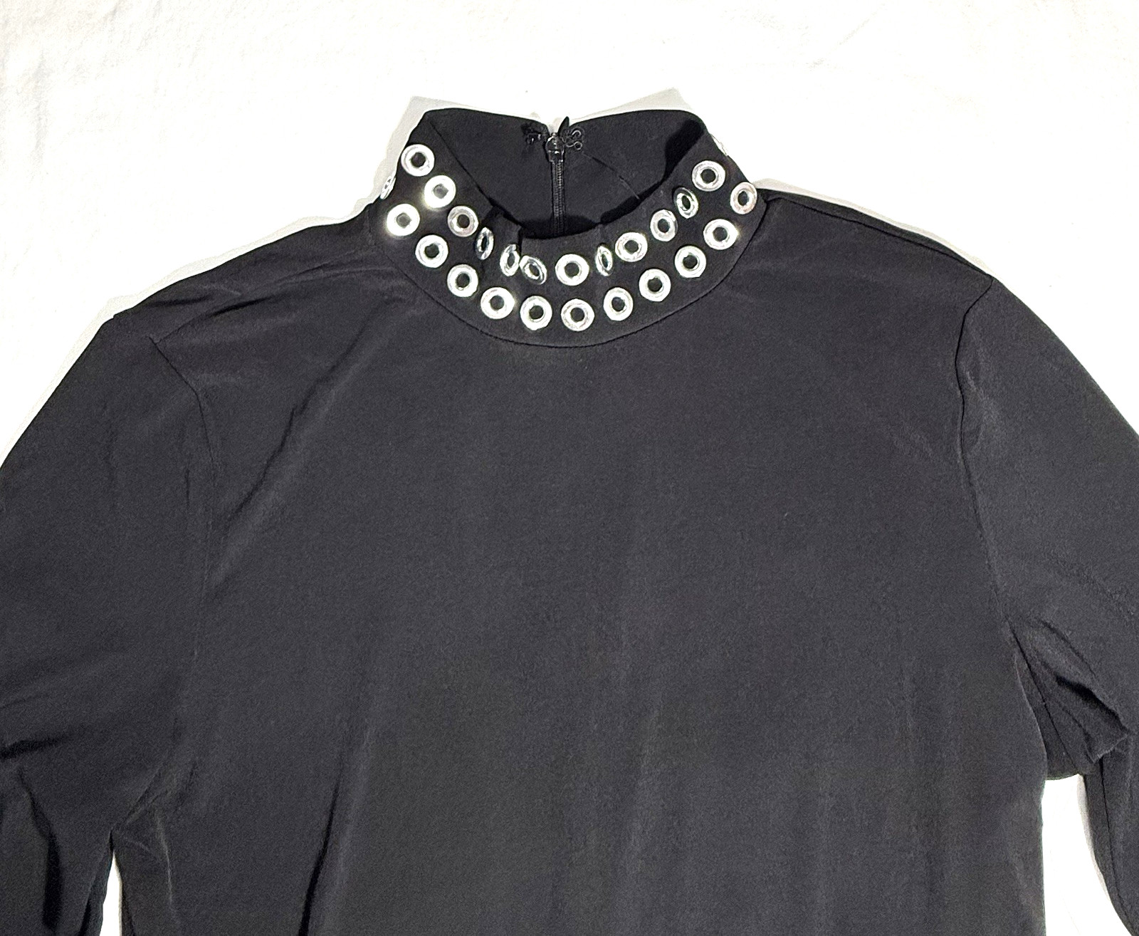 Carmen Marc Valvo Size 4 Black Fit & Flare Dress Silver Grommet Accents Womens