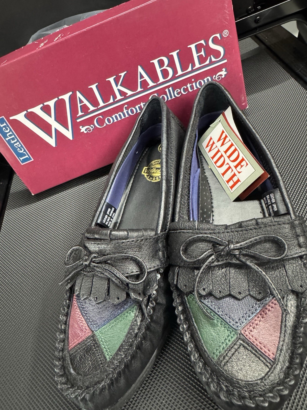 Vintage BLACK Patchwork Walkables Kilty Moccasins Loafers Shoes 8W Grandma
