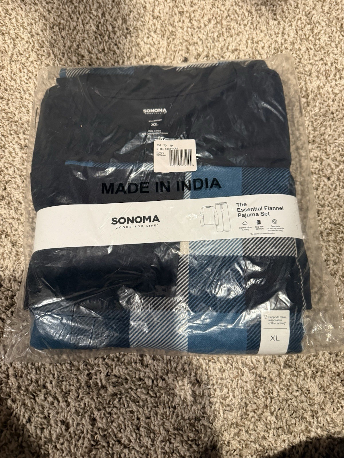 Sonoma Goods For Life Men’s Cotton Flannel Pajama Set XL Blue Plaid 2pc