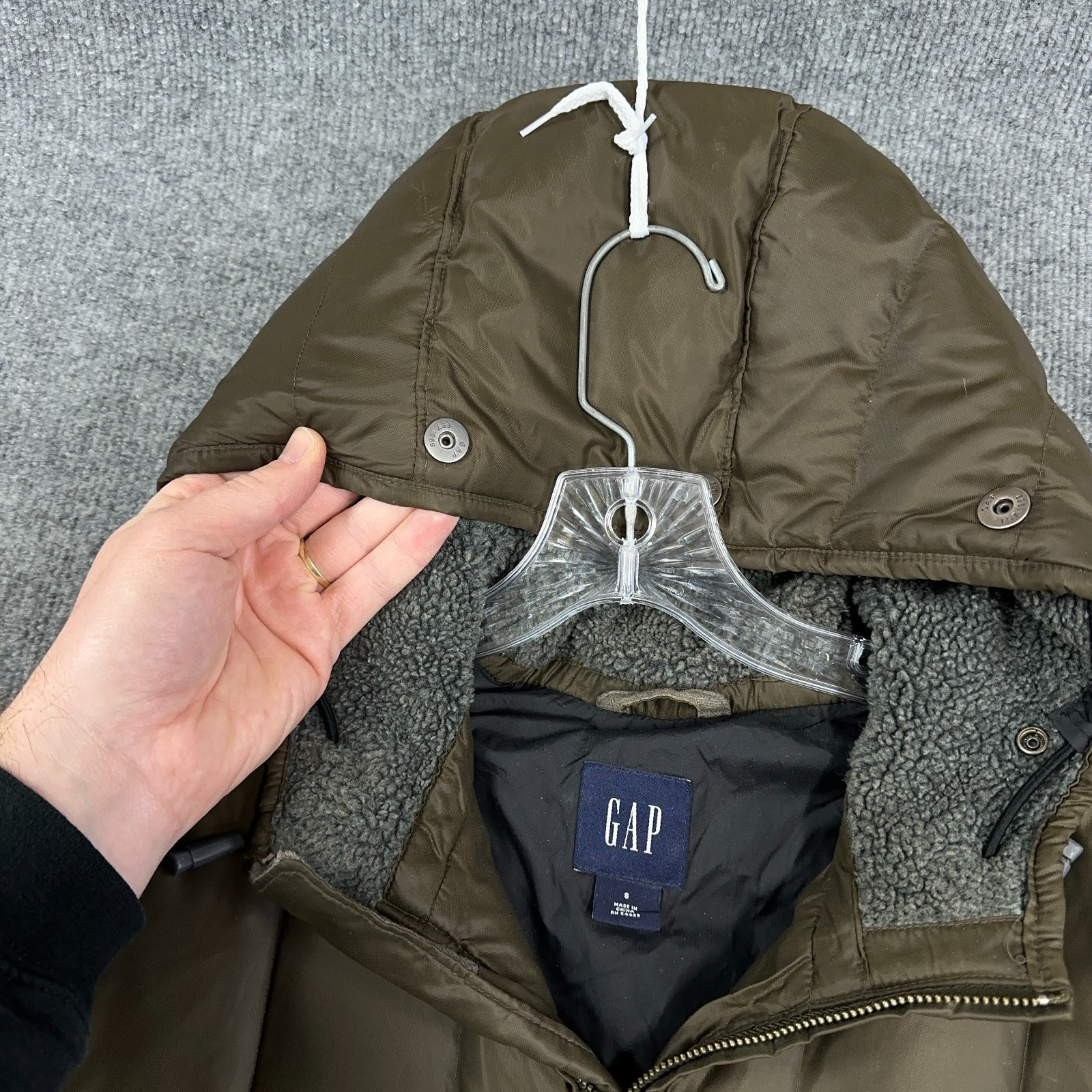 GAP Parka Coat Men Small Olive Green Military Puffer Jacket Down Hood Lined