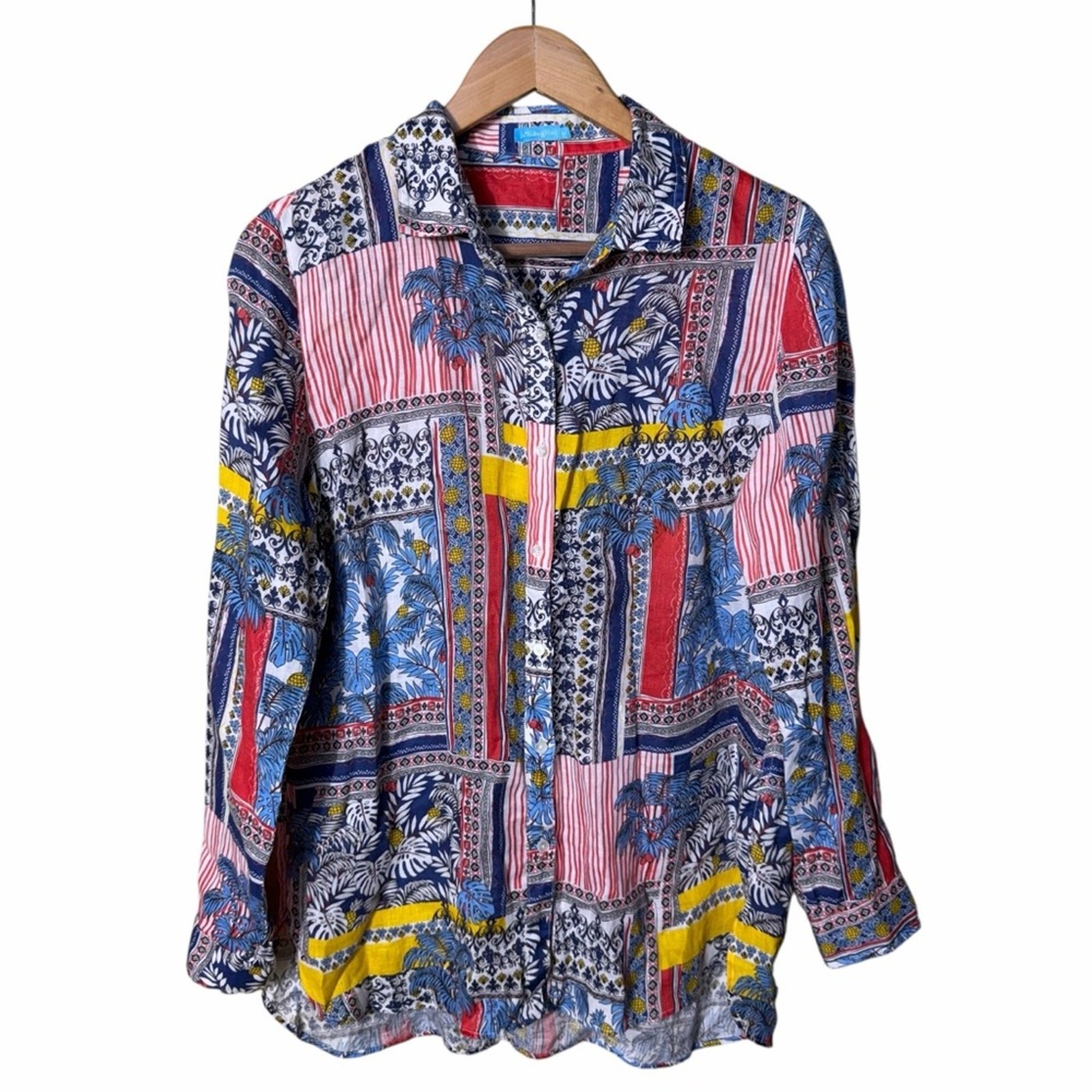 J. McLaughlin Brit Linen Long Sleeve Button Down in Palm Park Size Medium