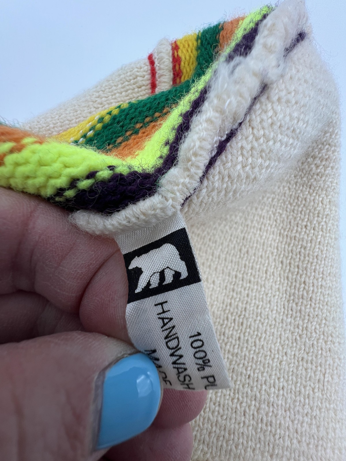 Vintage Eisbar Wool Hat Beanie Mens Beige Knit West Germany 70s 80s Ski Rainbow