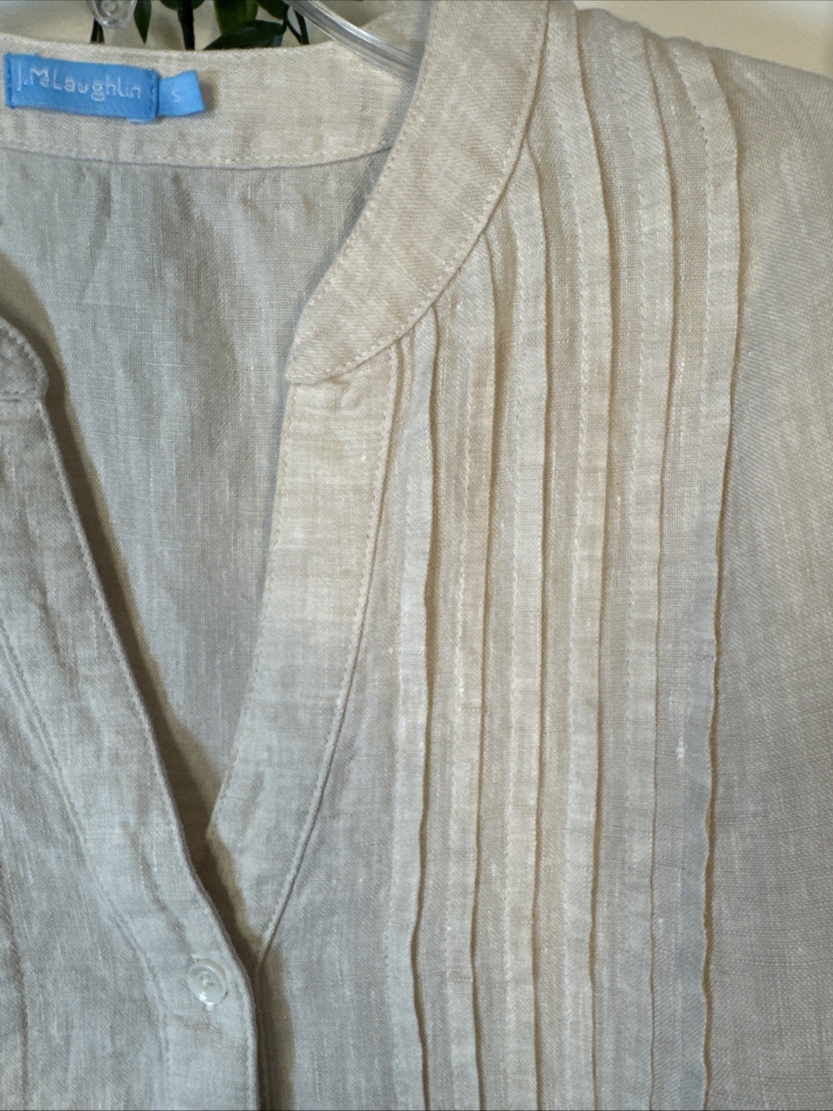 J. McLaughlin Riviera Linen Dress 3/4 Sleeve Pintuck Button Front Beige Tan Sz S