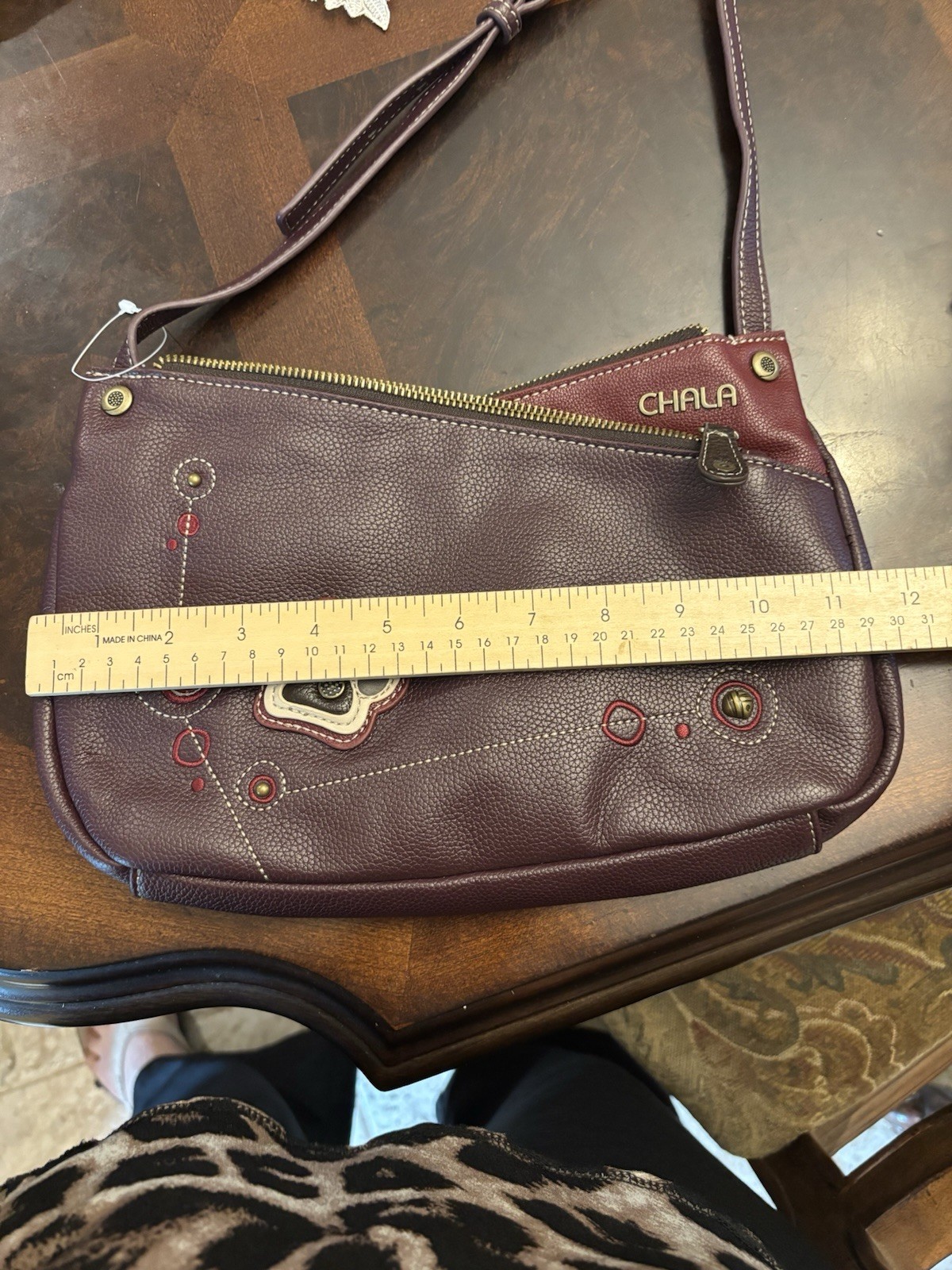 Chala Purple Paw Print Applique Crossbody Bag Zip Top Adjustable Strap Gold