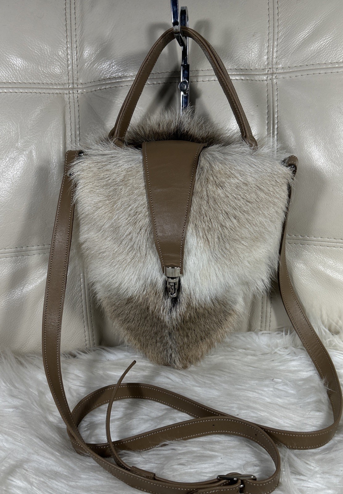 Genuine Fox Fur Bag Crossbody Small 2Way Neutrals Rare! Free Ship!