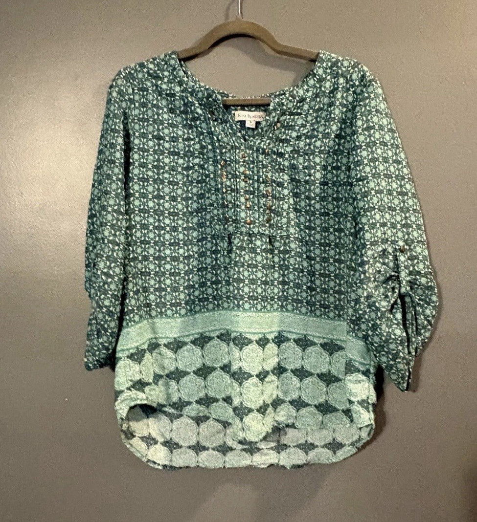 Kim Rogers Green White Geometric Split Neck Button Blouse Top 3/4 Sleeve m