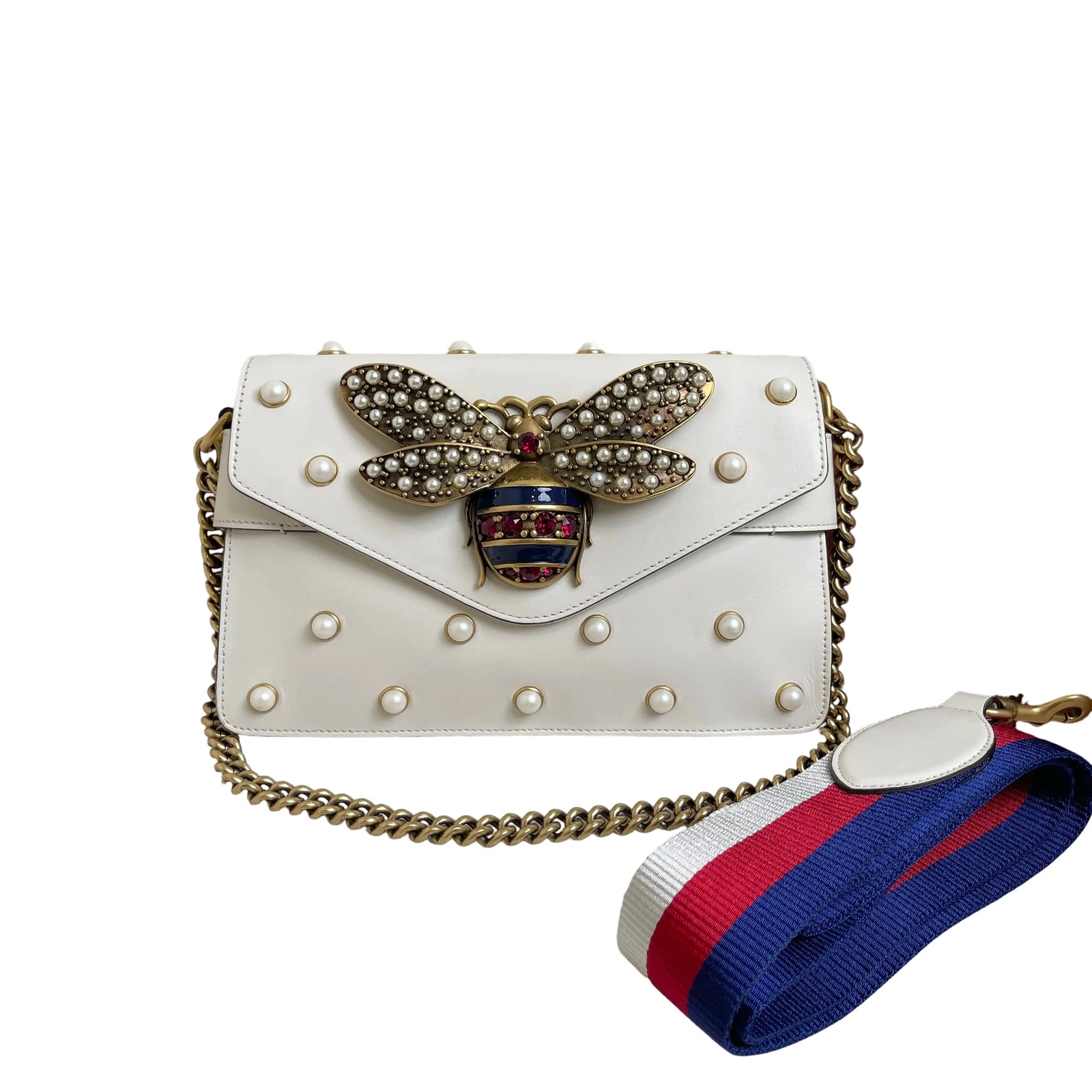 Gucci Margaret White Leather Pearl Bee Shoulder Bag