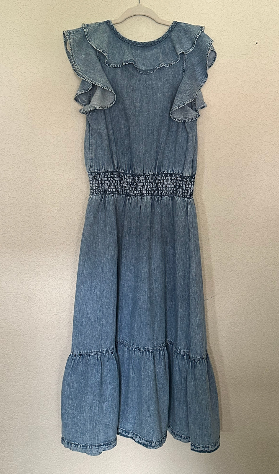 INC International Concepts Indigo Chambray Linen Blend Midi Dress Ruffle NWT 14