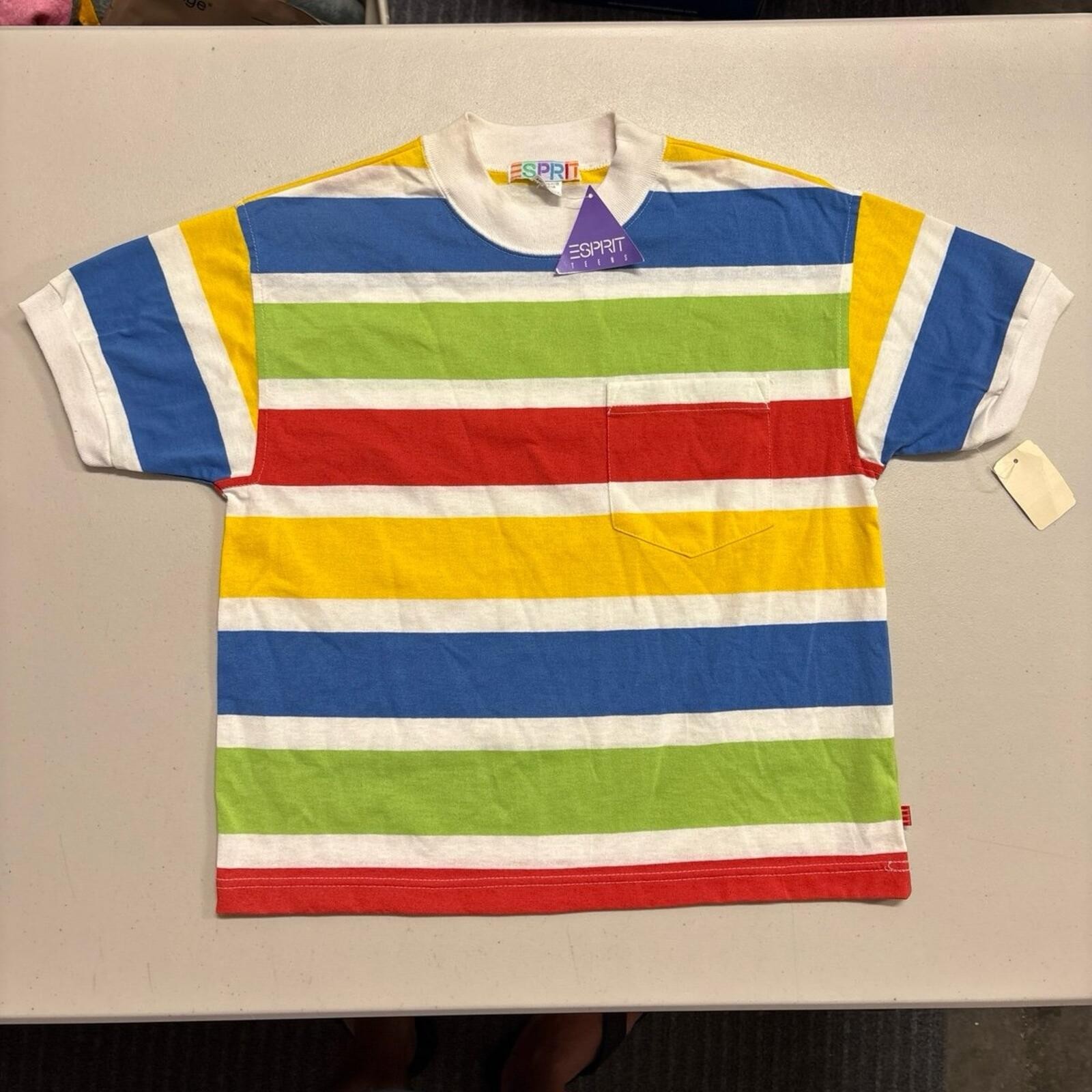 NWT Vintage 80s 90s ESPRIT Teens Striped Pocket T Shirt NOS Youth 13-14