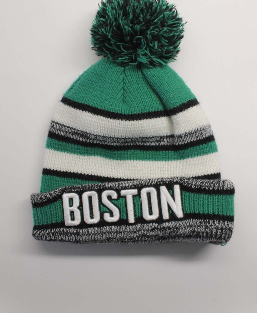 Green white black stripe Boston spell out winter pom-pom hat Shamrock on back