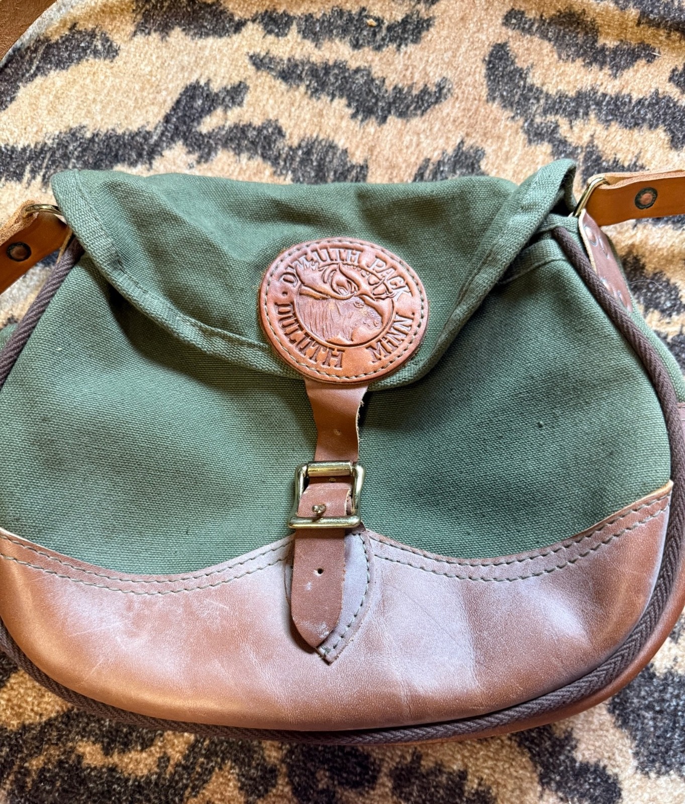 Vintage Duluth Pack Minn Green & Brown Crossbody Canvas Leather Shell Bag USA