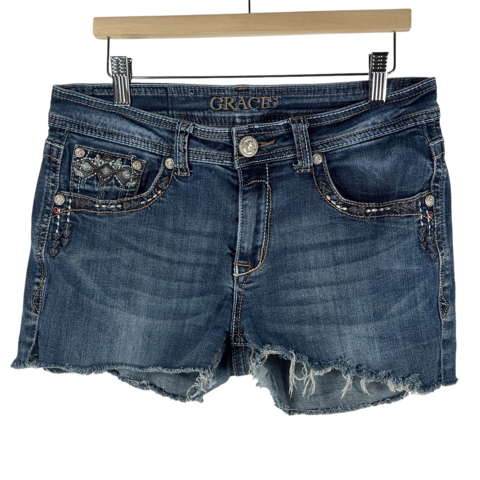 Grace in LA Denim Shorts Embellished Frayed Hem Blue Size 29 Heavy Stitch Y2K