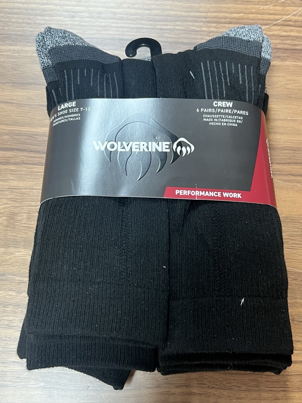 WOLVERINE Men’s Shoe Size 7-12 Large Performance Work Crew Socks Black 6-Pairs