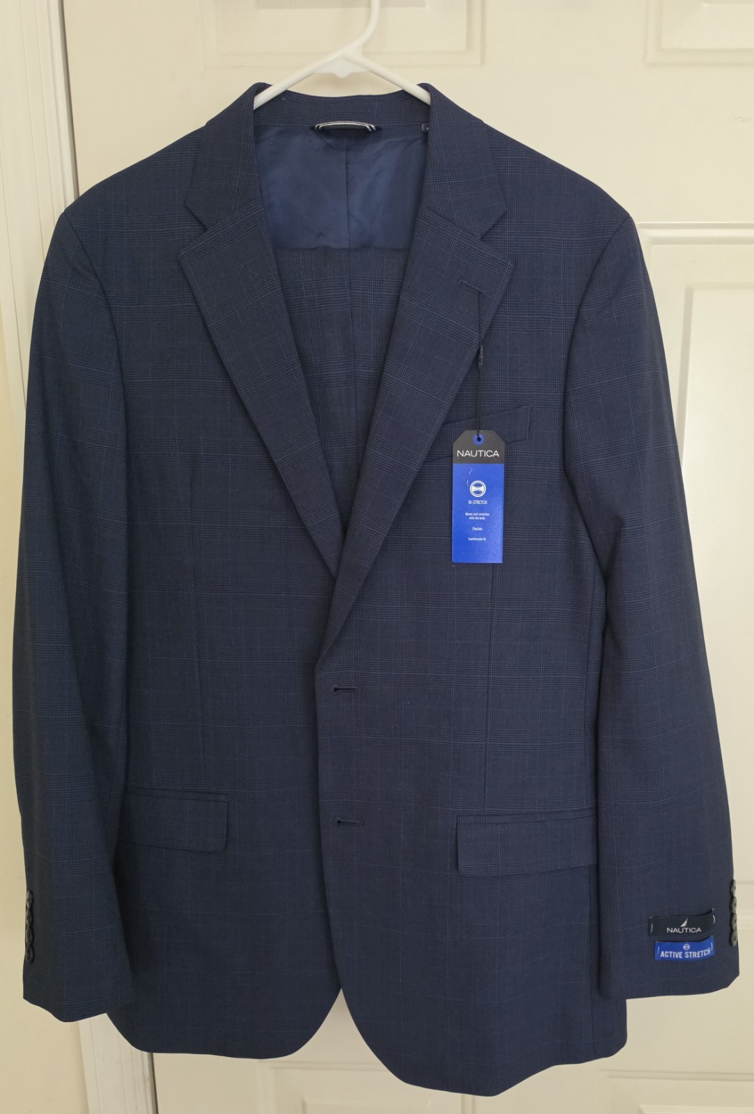 Nautica Mens Modern Fit 2 Piece Blue Plaid Suit 40 L/ 34 W Active Stretch NWT