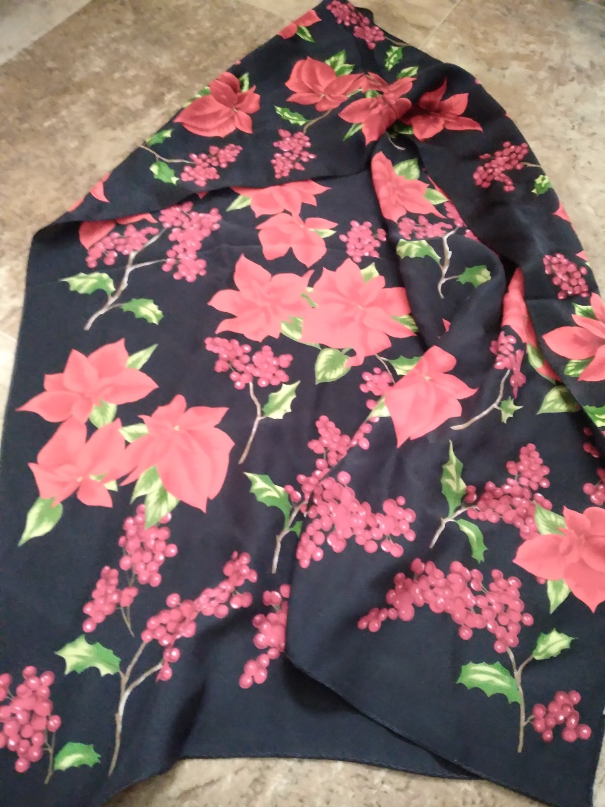 Vintage Floral Print Scarf Poinsettias Holly Berry Black Red 11 x 52