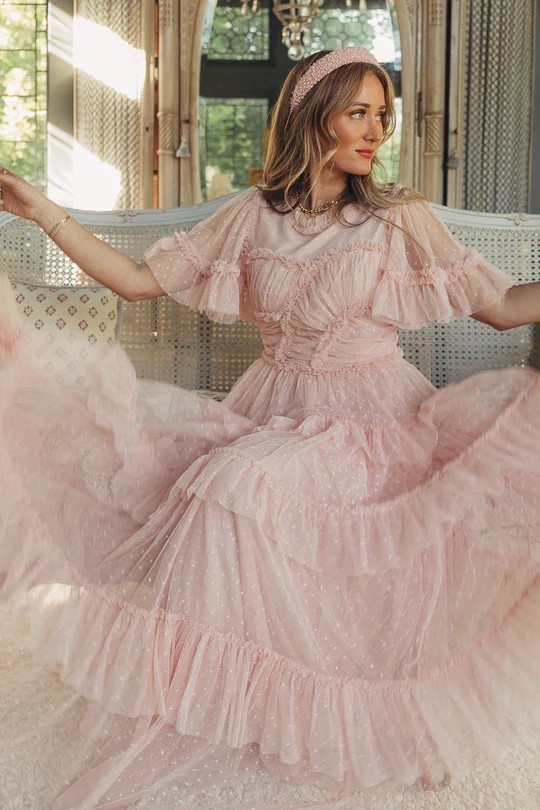 IVY CITY Whimsical Dress in Blush Women’s Pink Tulle Tiered Ruffle Maxi Dress