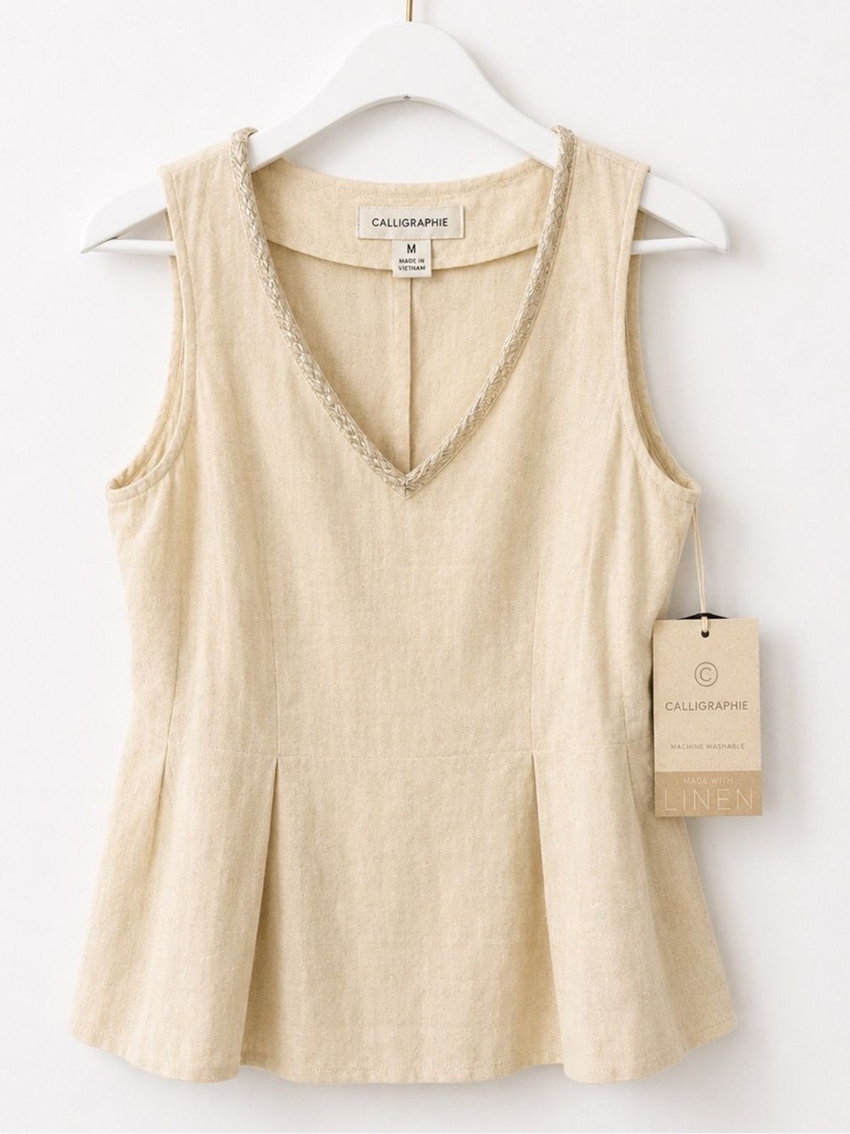 Linen Blouse Sleeveless Ivory Nutural Color Top M Size